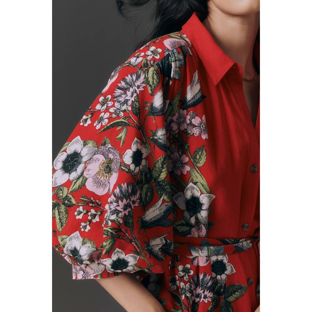 Anthropologie The Mona Linen Maxi Shirt Dress by Maeve Red Floral 2X NEW - Picture 2 of 4